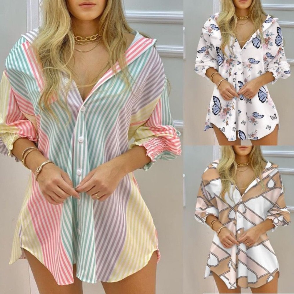 Long-sleeved Printing V-neck Shirt Skirt Women